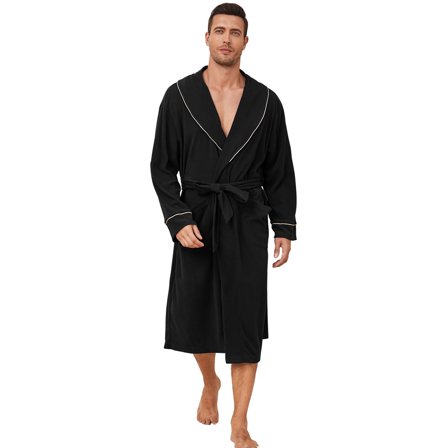 Vulcanodon Men Fleece Robe,Soft Lightweight Long Shawl Collar Bathrobe,(Black,S-M)