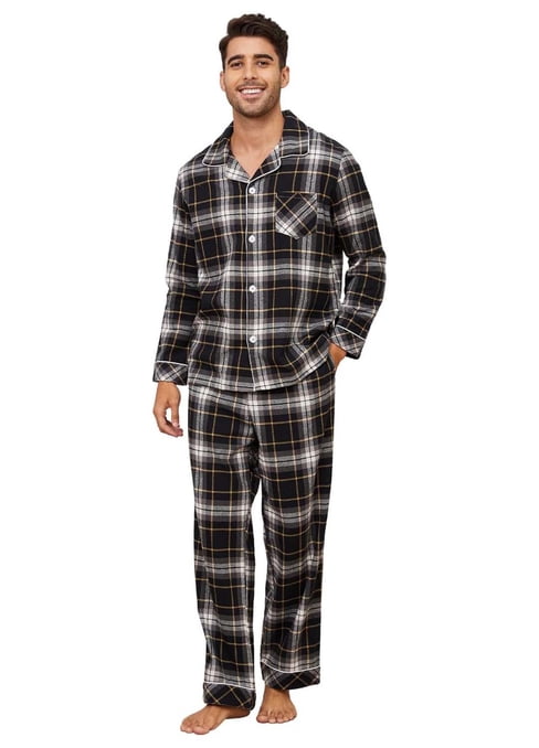 Adobk Scottish Blue Plaid Sunflower Print Mens Pajamas Set Long Sleeve ...