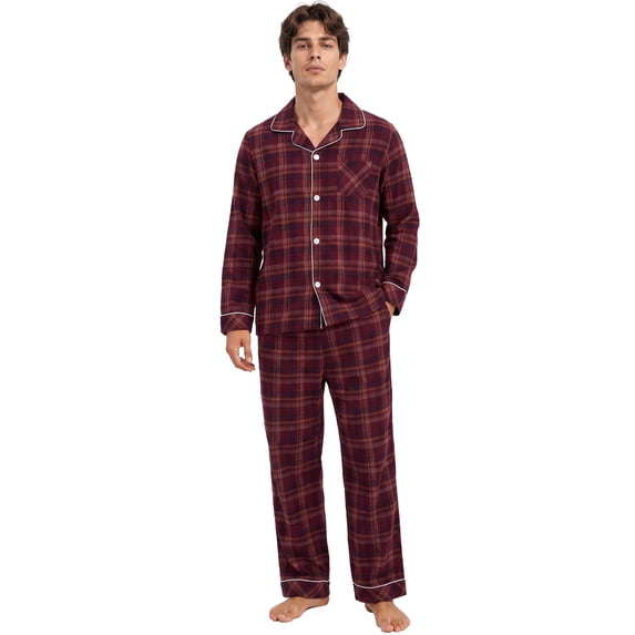 Vulcanodon Men's 100% Cotton Flannel Pajama Sets, Soft Plaid PJS Long Sleeve Sleepwear 2 Piece Button Down Lounge Set(Burgundy Brown Plaid,Large)