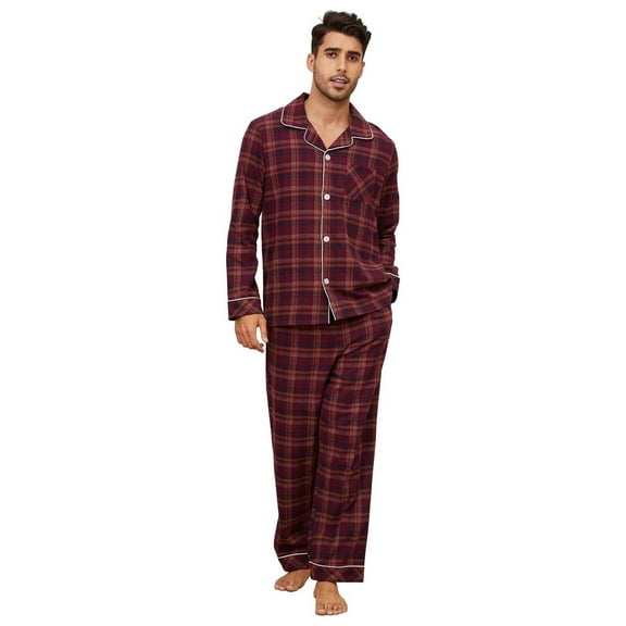 Vulcanodon Men's 100% Cotton Flannel Pajama Sets, Soft Plaid PJS Long Sleeve Sleepwear 2 Piece Button Down Lounge Set（Burgundy Brown Plaid,Small）