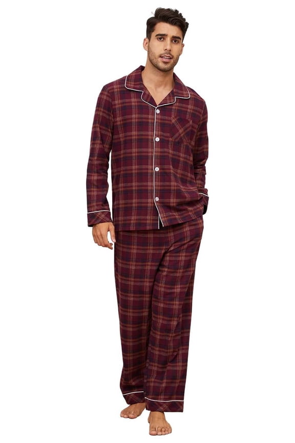 Men's 100% Cotton Flannel Pajama Sets, Soft Plaid PJS Long Sleeve Sleepwear 2 Piece Button Down Lounge Set（Burgundy Brown Plaid,Small）