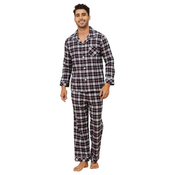 Vulcanodon Men's 100% Cotton Flannel Pajama Sets, Soft Plaid PJS Long Sleeve Sleepwear 2 Piece Button Down Lounge Set(Purple-Green Plaid,Medium)