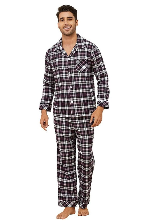 Men's 100% Cotton Flannel Pajama Sets, Soft Plaid PJS Long Sleeve Sleepwear 2 Piece Button Down Lounge Set(Purple-Green Plaid,Small)