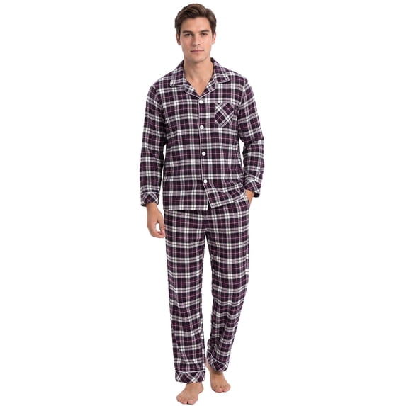 Vulcanodon Men's 100% Cotton Flannel Pajama Sets, Soft Plaid PJS Long Sleeve Sleepwear 2 Piece Button Down Lounge Set(Purple-Green Plaid,Small)