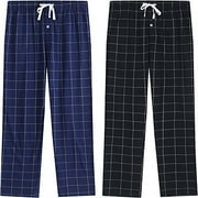 Vulcanodon Men's Adjustable Waist Plaid Sleep Pant (Men's), Navy-plaid and Black-plaid (2-Pack)