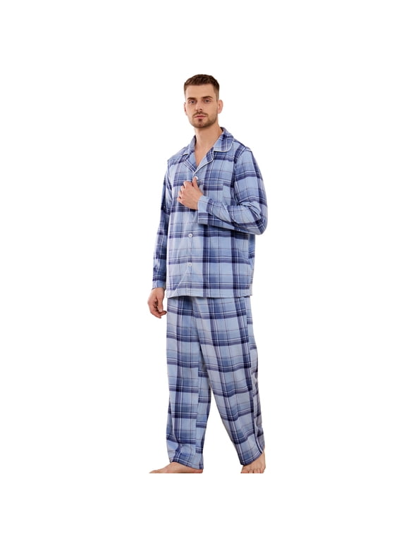 Men's Plaid Pajama Set, Soft Long Sleeve Button-Down 2-piece Sleepwear with Lapel Collar & Pockets Cozy Lounge PJs(BLUE-GREY PLAID, L)