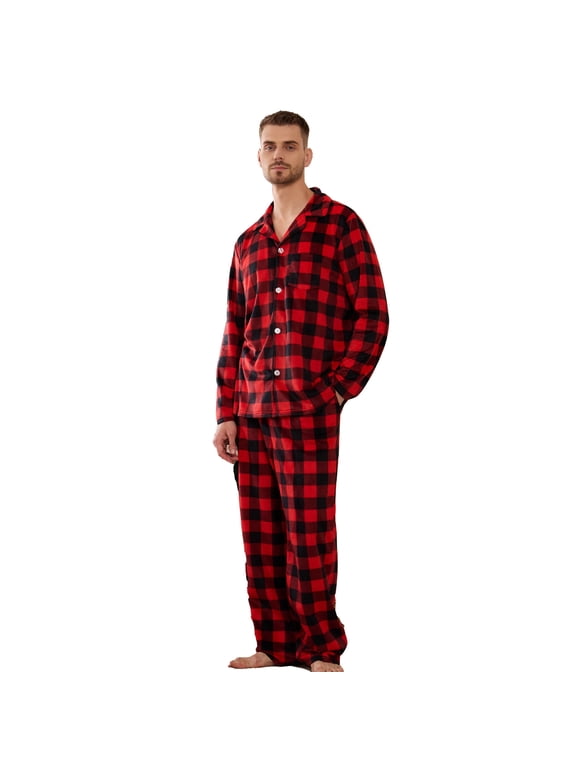 Men's Plaid Pajama Set, Soft Long Sleeve Button-Down 2-piece Sleepwear with Lapel Collar & Pockets Cozy Lounge PJs(BUFFALO PLAID-RED, 2XL)