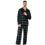 VULCANODON Men's Plaid Pajama Set, Soft Long Sleeve Button-Down 2-piece Sleepwear with Lapel Collar & Pockets Cozy Lounge PJs(NAVY-GREEN PLAID, L)