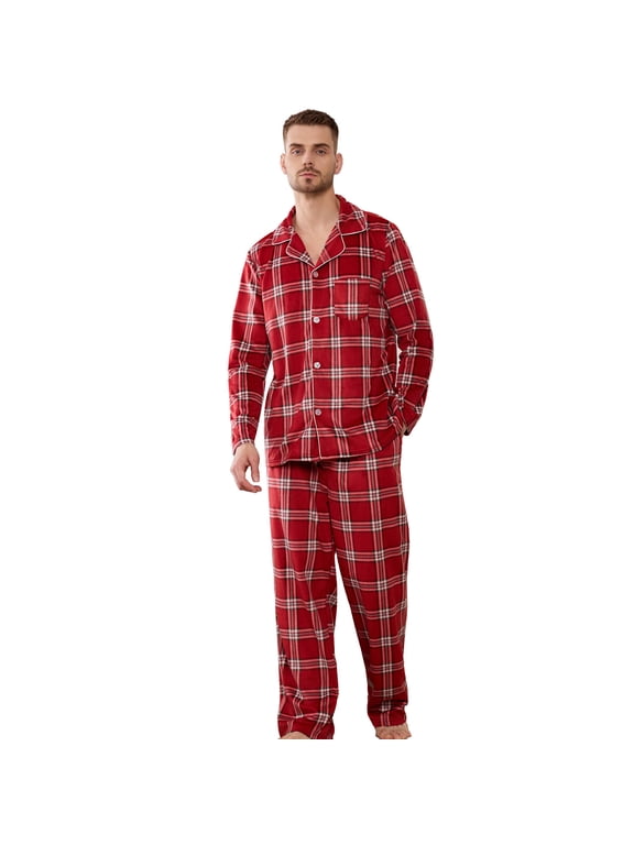 Men's Plaid Pajama Set, Soft Long Sleeve Button-Down 2-piece Sleepwear with Lapel Collar & Pockets Cozy Lounge PJs(RED-GREEN PLAID, L)