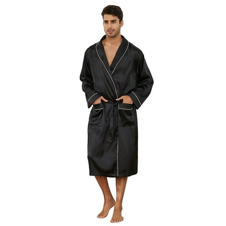 Vulcanodon Men’s Satin Robe Lightweight,Men's Luxurious Silk Kimono Bathrobe（Black, Large-X-Large）