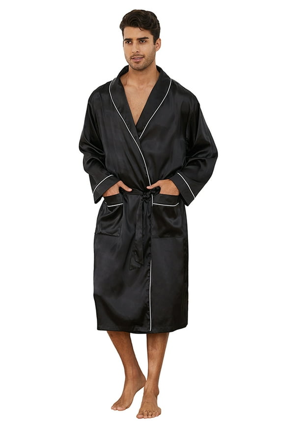 Men’s Satin Robe Lightweight,Men's Luxurious Silk Kimono Bathrobe(Black, Large-X-Large)