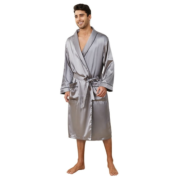 Vulcanodon Men’s Satin Robe Lightweight,Men's Luxurious Silk Kimono Bathrobe(Dark Grey, Large-X-Large)