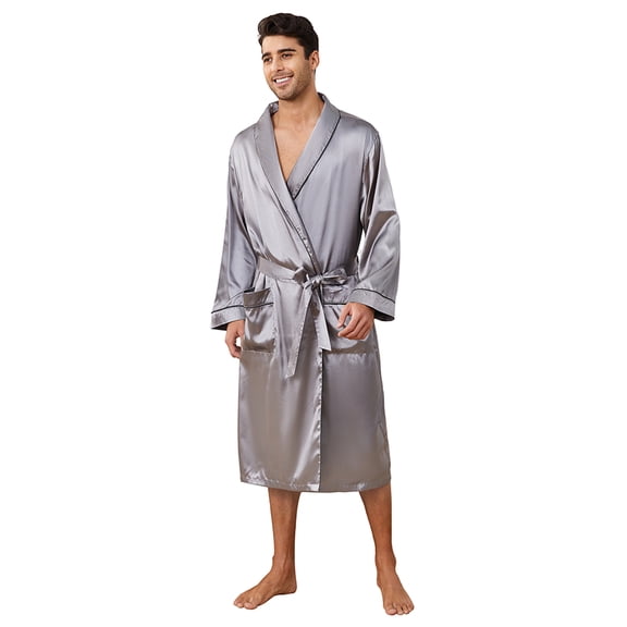 Vulcanodon Men’s Satin Robe Lightweight,Men's Luxurious Silk Kimono Bathrobe（Dark Grey, Small-Medium）