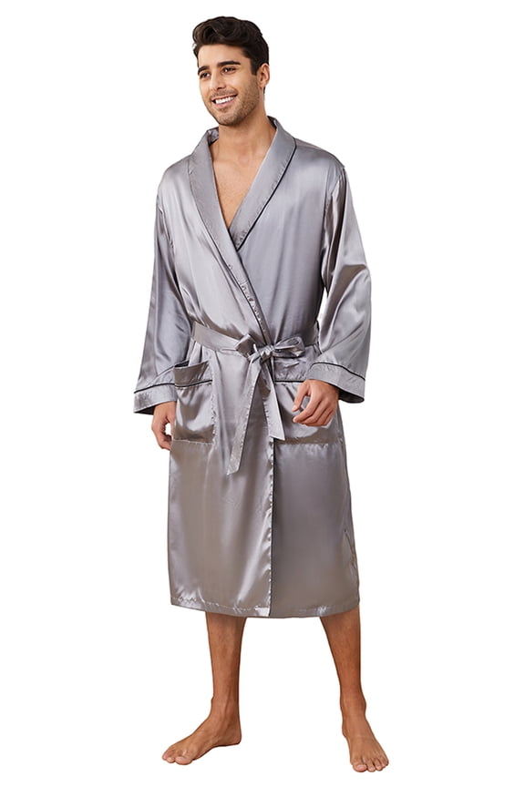 Men’s Satin Robe Lightweight,Men's Luxurious Silk Kimono Bathrobe(Dark Grey, Small-Medium)