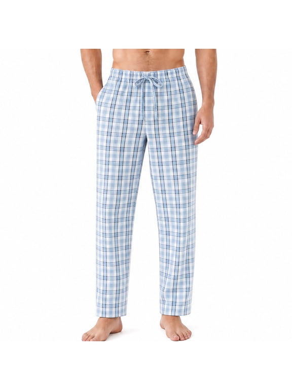 Mens 100% Cotton Pajama Pants, Soft Lightweight Sleep Pants with Pockets Plaid Pajama Bottoms for Men(Aqua Blue-Plaid, Large)