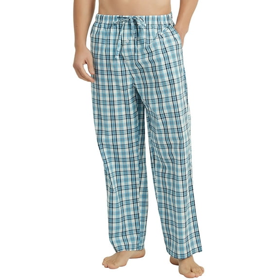 Vulcanodon Mens 100% Cotton Pajama Pants, Soft Lightweight Sleep Pants with Pockets Plaid Pajama Bottoms for Men(Aqua Blue-Plaid, Large)