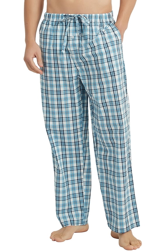 Mens 100% Cotton Pajama Pants, Soft Lightweight Sleep Pants with Pockets Plaid Pajama Bottoms for Men(Aqua Blue-Plaid, Large)