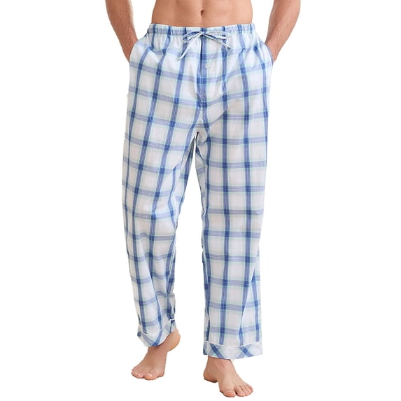 Vulcanodon Mens 100% Cotton Pajama Pants, Soft Lightweight Sleep Pants with Pockets Plaid Pajama Bottoms for Men(Blue-White Plaid,M)