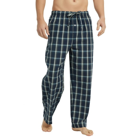 Vulcanodon Mens 100% Cotton Pajama Pants, Soft Lightweight Sleep Pants with Pockets Plaid Pajama Bottoms for Men(Dark Blue-Plaid, Medium)