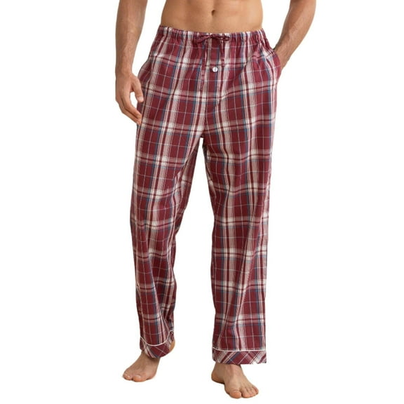 Vulcanodon Mens 100% Cotton Pajama Pants, Soft Lightweight Sleep Pants with Pockets Plaid Pajama Bottoms for Men（Dark Red-White Plaid，L）
