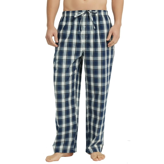 Vulcanodon Mens 100% Cotton Pajama Pants, Soft Lightweight Sleep Pants with Pockets Plaid Pajama Bottoms for Men(Navy-Plaid, Large)