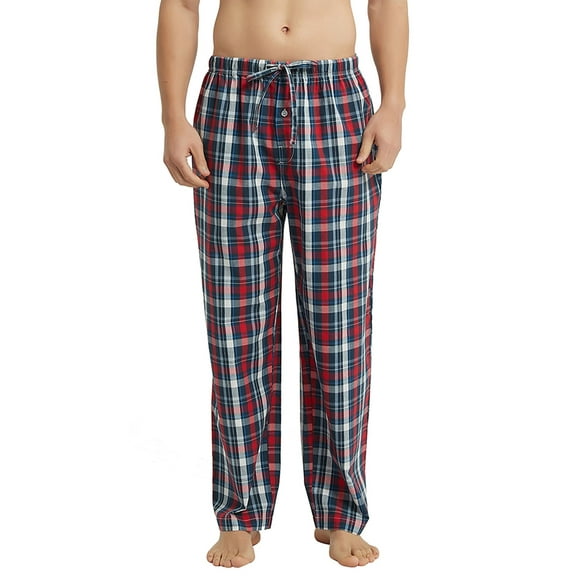 Vulcanodon Mens 100% Cotton Pajama Pants, Soft Lightweight Sleep Pants with Pockets Plaid Pajama Bottoms for Men(Red Blue-Plaid, Large )