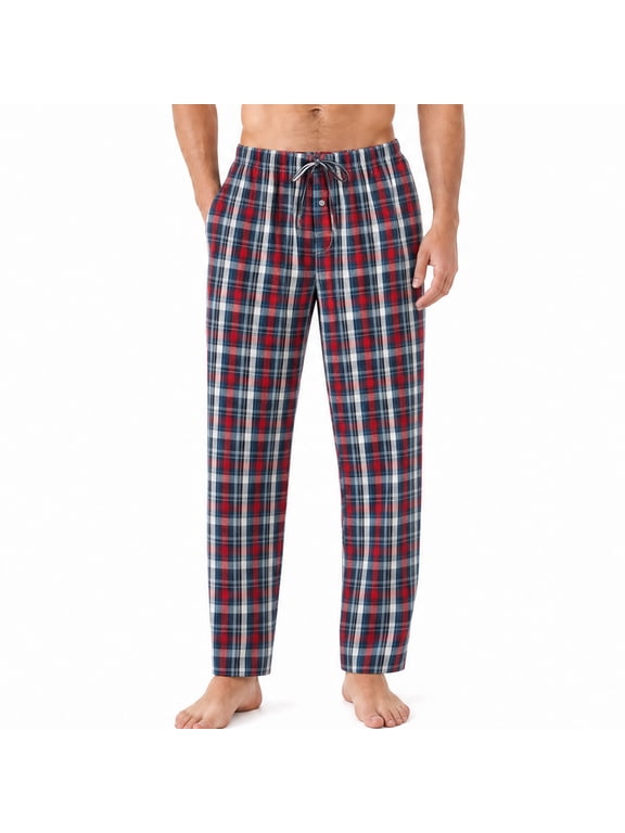 Mens 100% Cotton Pajama Pants, Soft Lightweight Sleep Pants with Pockets Plaid Pajama Bottoms for Men(Red Blue-Plaid, Large )