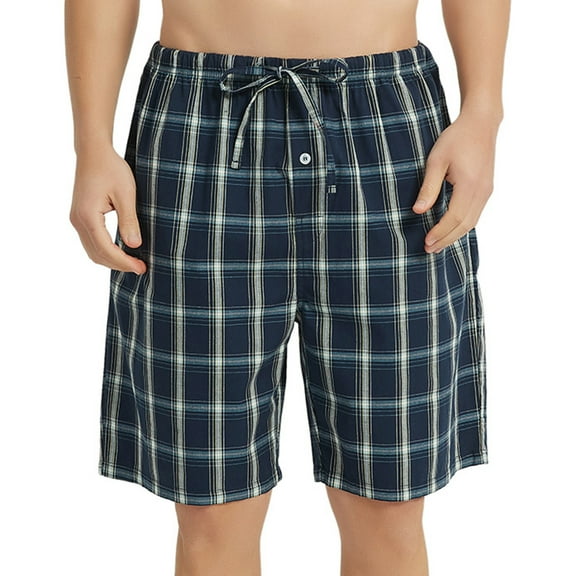 Vulcanodon Mens 100% Cotton Pajama Shorts, Soft Lounge Pajama Pants with Big Pockets for Men Plaid Pj Bottoms(Dark Blue-Plaid, X-Large)
