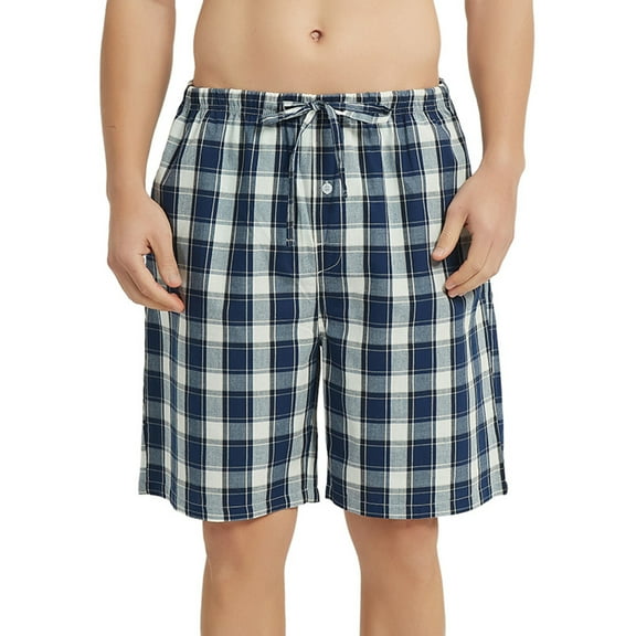 Vulcanodon Mens 100% Cotton Pajama Shorts, Soft Lounge Pajama Pants with Big Pockets for Men Plaid Pj Bottoms(Navy-Plaid, Small)