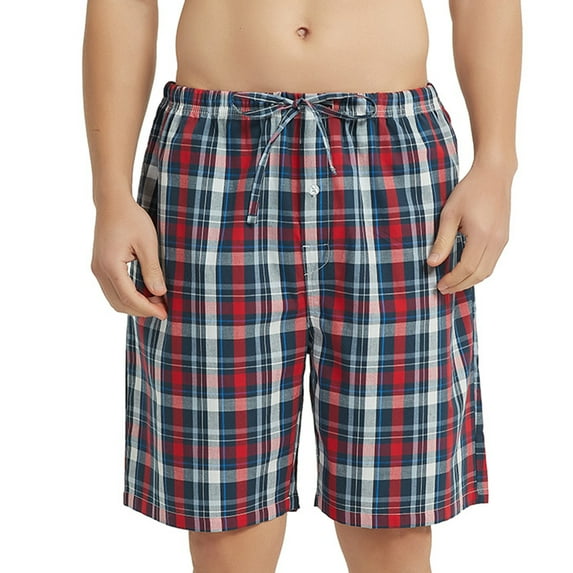 Vulcanodon Mens 100% Cotton Pajama Shorts, Soft Lounge Pajama Pants with Big Pockets for Men Plaid Pj Bottoms(Red Blue-Plaid, Large)