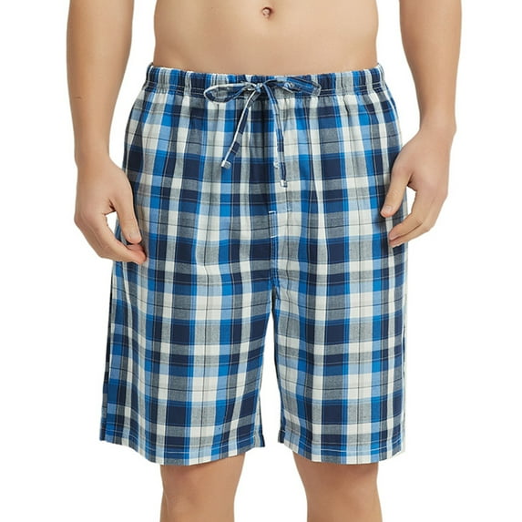 Vulcanodon Mens 100% Cotton Pajama Shorts, Soft Lounge Pajama Pants with Big Pockets for Men Plaid Pj Bottoms(Royal Blue-Plaid, X-Large)