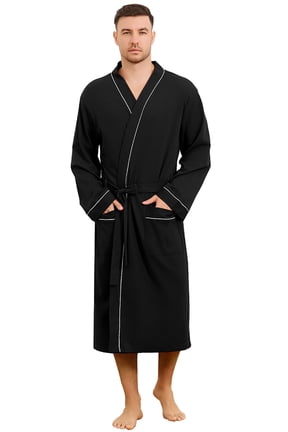 Mens 100% Cotton Robe,Soft Lightweight Long Spa Bathrobe for Men (BLACK, L/XL)