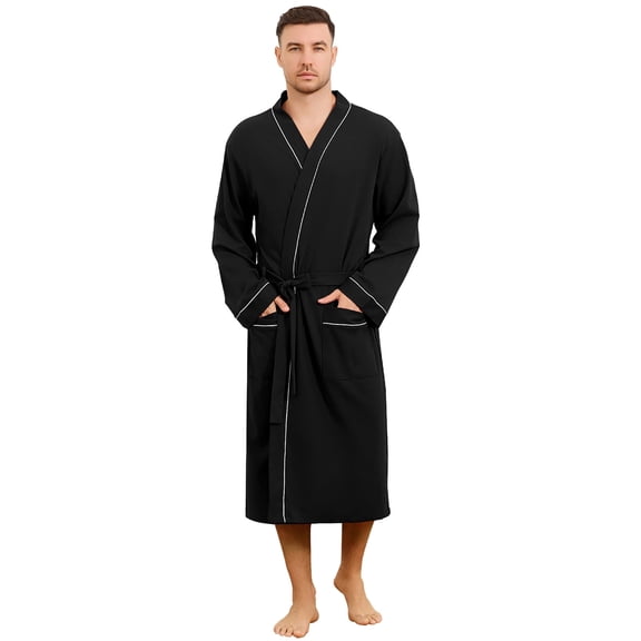 Vulcanodon Mens 100% Cotton Robe,Soft Lightweight Long Spa Bathrobe for Men (BLACK, L/XL)