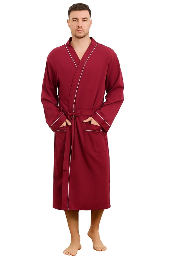 Mens 100% Cotton Robe，Soft Lightweight Long Spa Bathrobe for Men (BURGUNDY, L/XL)