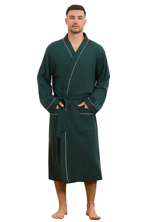 Mens 100% Cotton Robe,Soft Lightweight Long Spa Bathrobe for Men (DARK GREEN, L/XL)