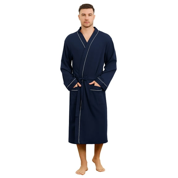 Vulcanodon Mens 100% Cotton Robe，Soft Lightweight Long Spa Bathrobe for Men (NAVY, L/XL)