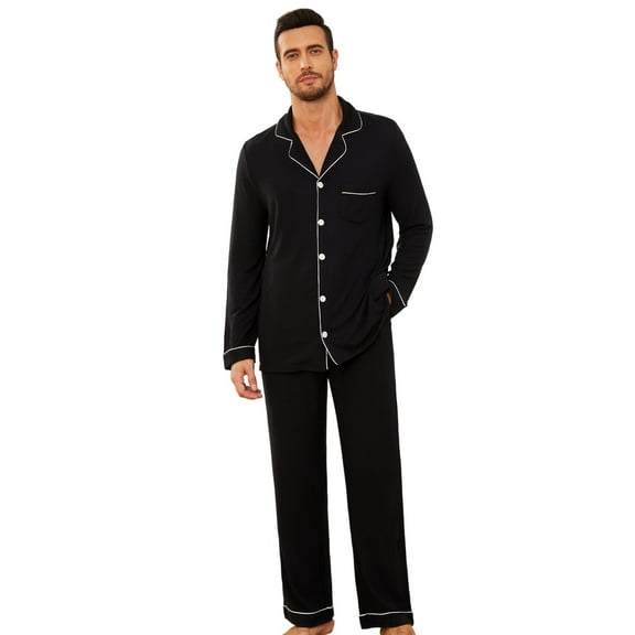 Vulcanodon Mens Button Down Pajama Sets, Ultra Soft Lightweight Sleepwear Long Sleeve Pjs Sets,(Black,L)