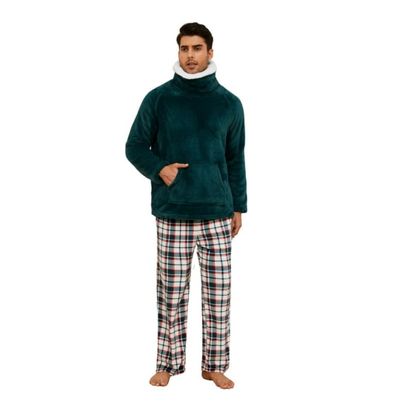 Vulcanodon Mens Button Down Pajama Sets, Ultra Soft Lightweight Sleepwear Long Sleeve Pjs Sets,(Dark Green+Green White Plaid,2XL)