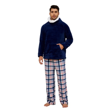 Vulcanodon Mens Button Down Pajama Sets, Ultra Soft Lightweight Sleepwear Long Sleeve Pjs Sets,(Navy+Navy White Plaid,S)