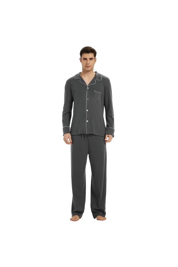 Mens Cotton Pajama Set, Soft Lightweight Button Up Sleepwear with Pockets,(Dark Grey Mel,2XL)