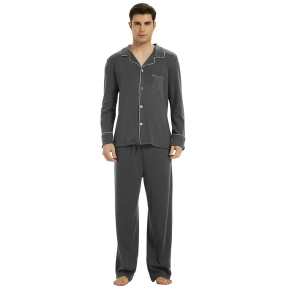 Vulcanodon Mens Cotton Pajama Set, Soft Lightweight Button Up Sleepwear with Pockets,(Dark Grey Mel,S)