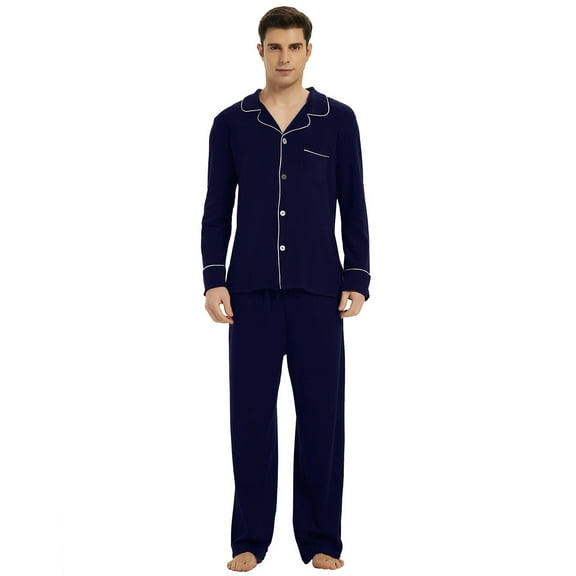 Vulcanodon Mens Cotton Pajama Set, Soft Lightweight Button Up Sleepwear with Pockets,(Navy,L)