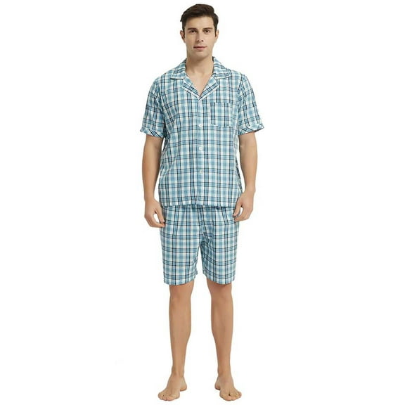 Vulcanodon Mens Cotton Pajama Short Set, Button Down Pajama Set for Men Plaid Men's Sleepwear(Plaid-Aqua Blue, Large)