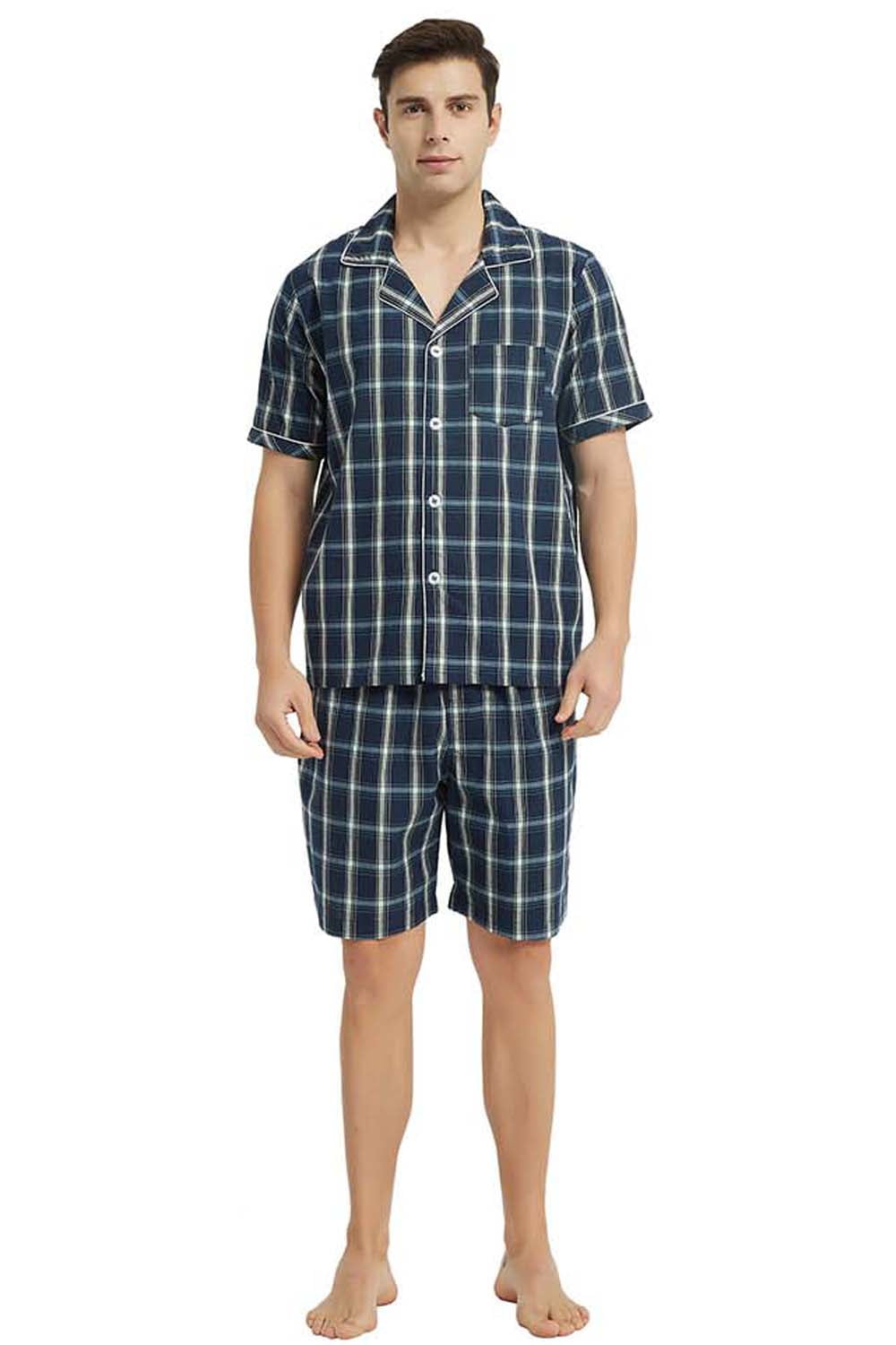 Vulcanodon Mens Cotton Pajama Short Set Button Down Pajama Set for Men Plaid Men s Sleepwear Plaid Dark Blue Large