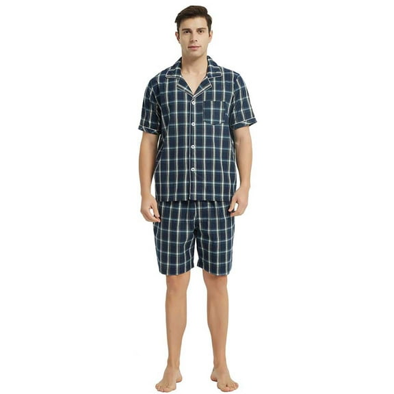Vulcanodon Mens Cotton Pajama Short Set, Button Down Pajama Set for Men Plaid Men's Sleepwear(Plaid-Dark Blue, Large)