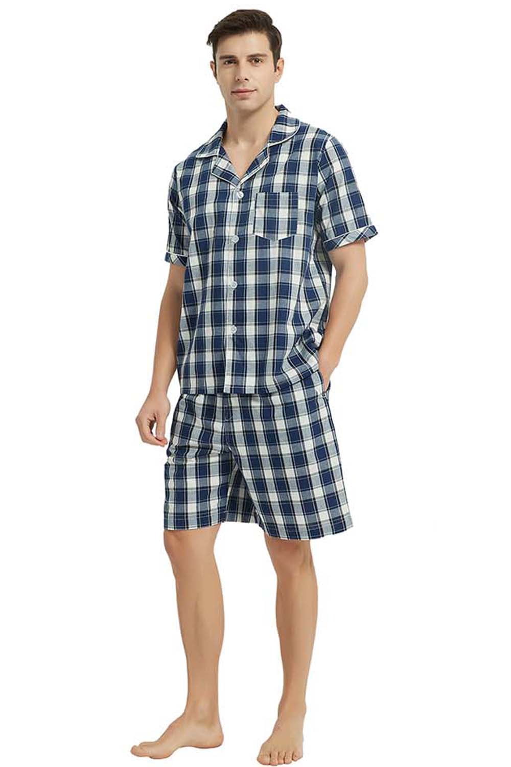 Vulcanodon Men's Cotton Pajama Set, Short Sleeve, Plaid Design, Perfect ...