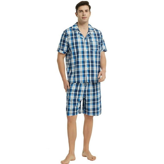 Vulcanodon Mens Cotton Pajama Short Set, Button Down Pajama Set for Men Plaid Men's Sleepwear(Plaid-Royal Blue, Large)