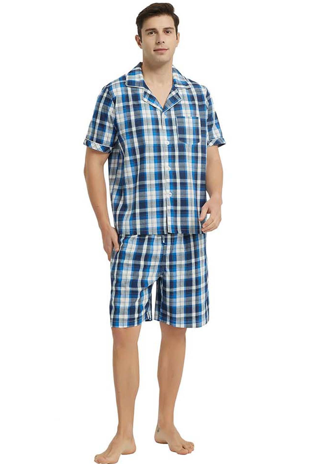 Vulcanodon Mens Cotton Pajama Short Set, Button Down Pajama Set for Men