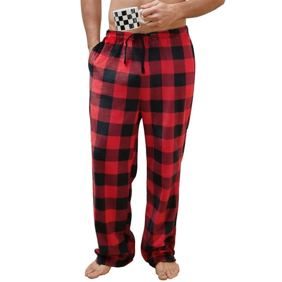 Vulcanodon Mens Flannel Pajama Pants, Soft Plaid Sleep Fleece Lounge Bottoms with Pockets(Buffalo Plaid-red, M)