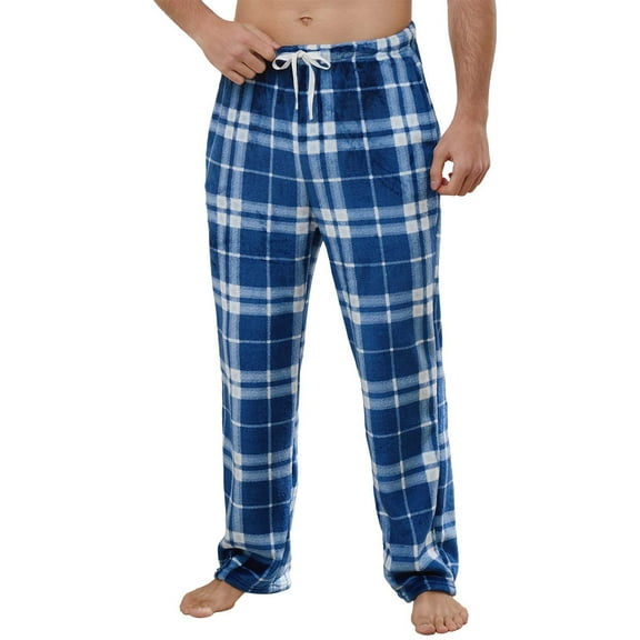 Vulcanodon Mens Flannel Pajama Pants, Soft Plaid Sleep Fleece Lounge Bottoms with Pockets(Dark Blue- Plaid, XL)